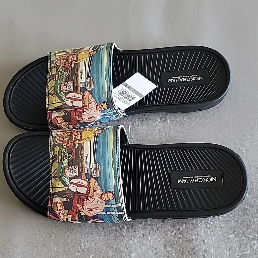 Nick Graham Dane Happy Men's Slide Sandals Beach Print Father Day Size 13 M